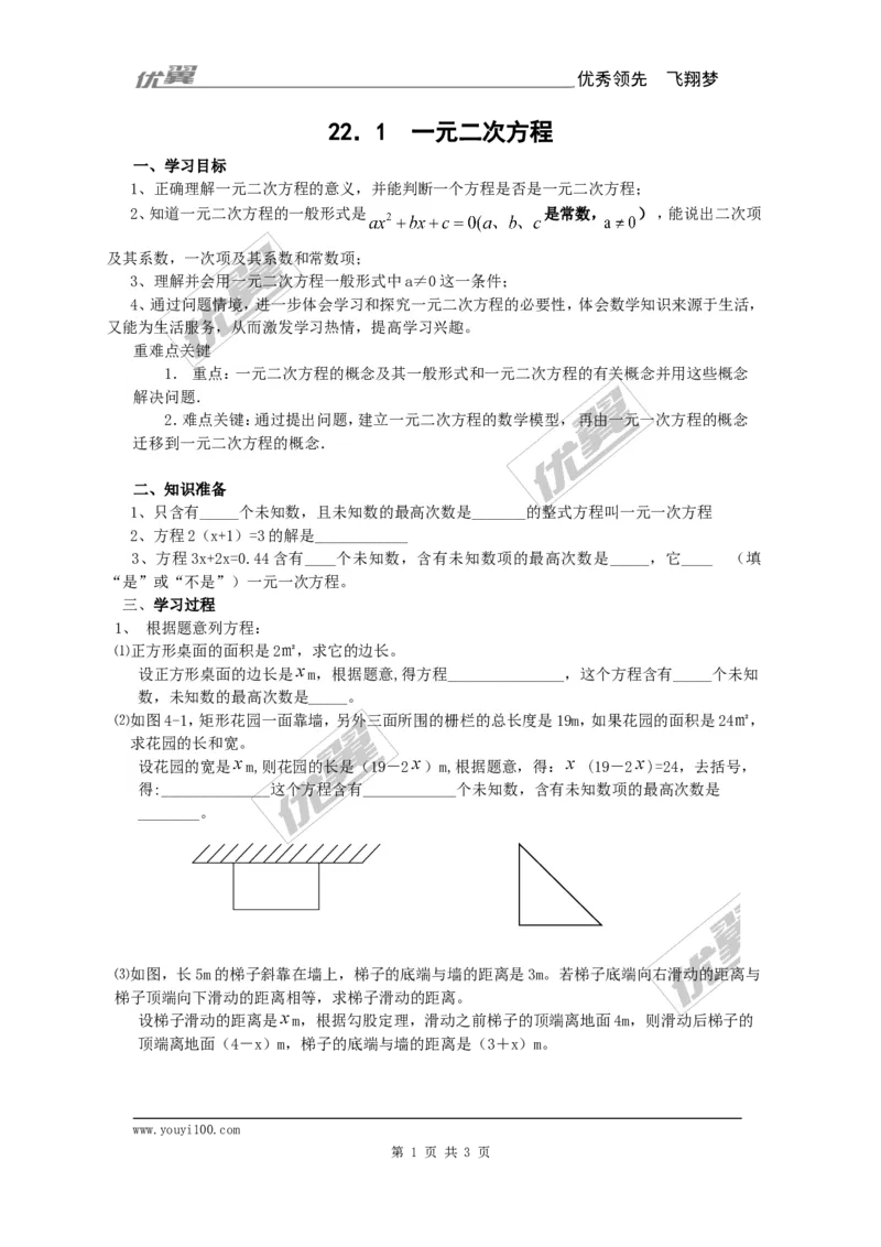 21.1一元二次方程1_人教版数学九年级上册_版本一_人教版数学九年级上册（RJ）--3学案_人教版数学九年级上册（RJ）--3学案