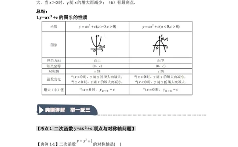 22.1.2.2二次函数y=ax&sup2;+c的图象和性质（知识解读+达标检测）（学生版）_人教版数学九年级上册_版本二_九年级数学上册（人教版）_知识解读与题型专练-V14_2025版