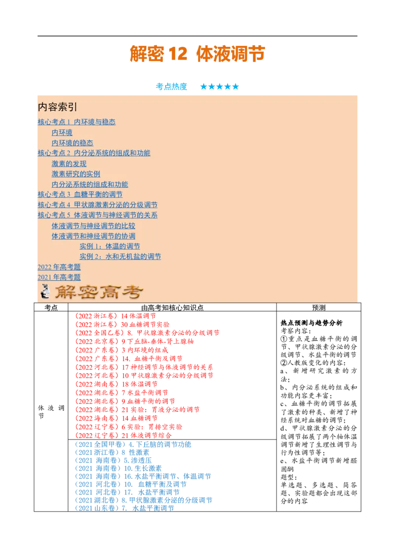 解密12体液调节（讲义)（学生版）_通用版（老高考）复习资料_2023年复习资料_二轮复习_高频考点解密2023年高考生物二轮复习讲义+分层训练（全国通用）