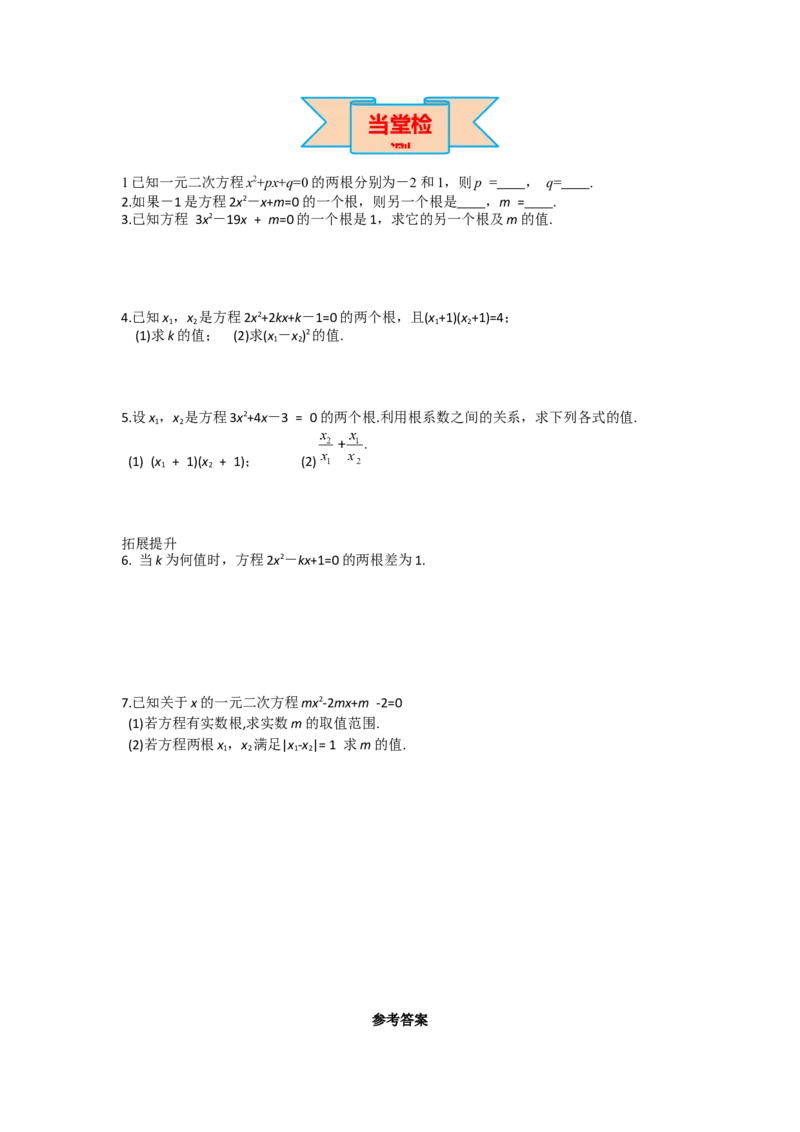21.2.4一元二次方程的根与系数的关系_人教版数学九年级上册_版本二_九年级数学上册（人教版）_导学案_导学案多套_导学案