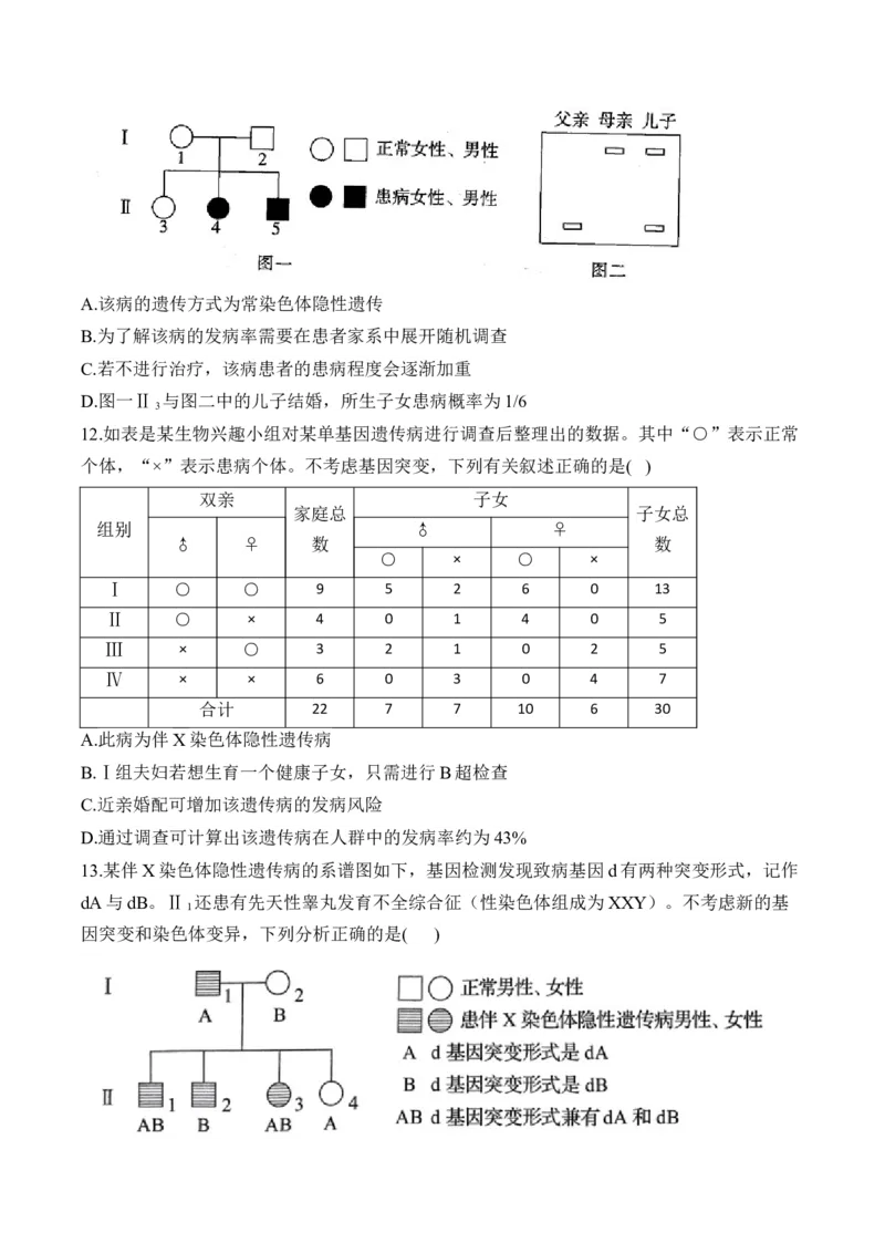 （12）伴性遗传和人类遗传病&mdash;&mdash;2025届高考生物二轮复习易错重难提升（含解析）_2025年新高考资料_二轮复习_2025届高考生物二轮复习易错重难提升（含解析）