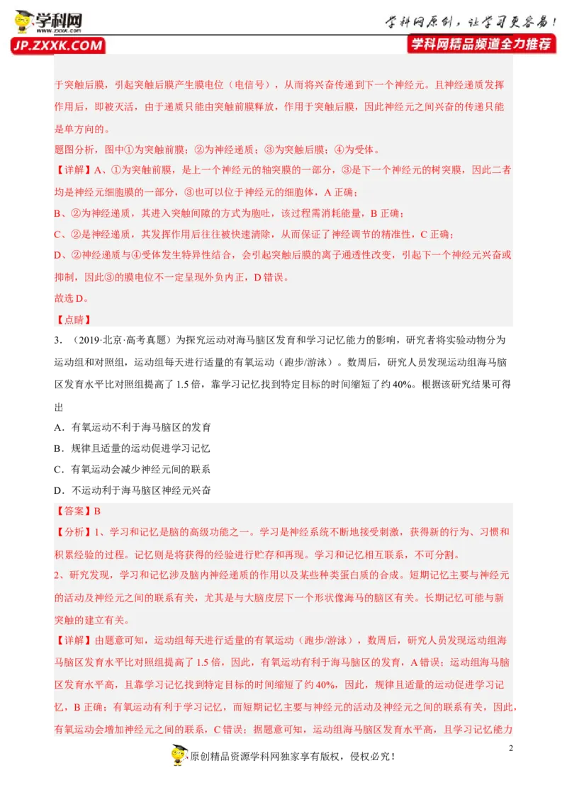 解密11神经调节（分层训练)（解析版）_新高考复习资料_2023年新高考复习资料_二轮复习_高频考点解密2023年高考生物二轮复习讲义+分层训练（全国通用）288808838