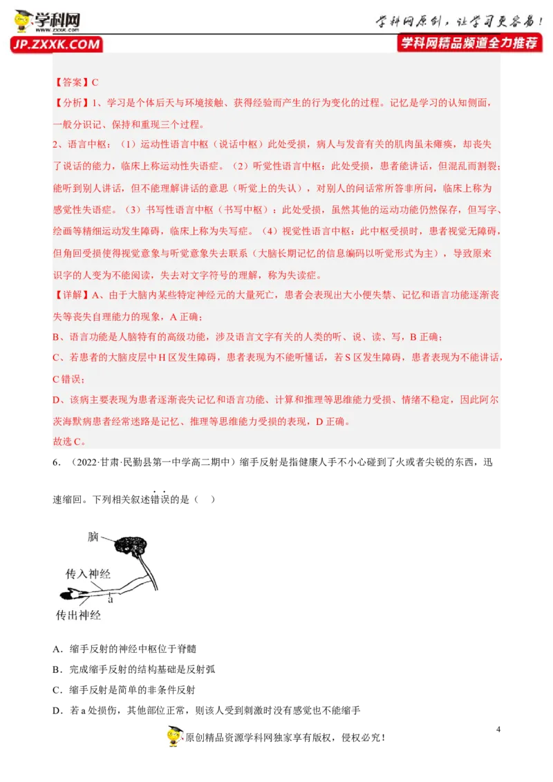 解密11神经调节（分层训练)（解析版）_新高考复习资料_2023年新高考复习资料_二轮复习_高频考点解密2023年高考生物二轮复习讲义+分层训练（全国通用）288808838