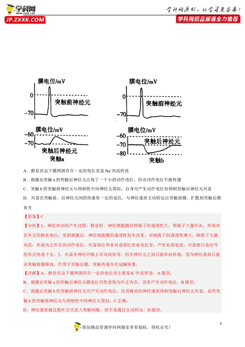 解密11神经调节（分层训练)（解析版）_新高考复习资料_2023年新高考复习资料_二轮复习_高频考点解密2023年高考生物二轮复习讲义+分层训练（全国通用）288808838