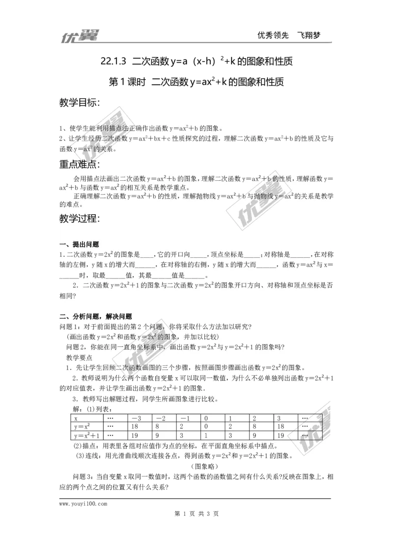 22.1.3第1课时二次函数y=ax2+k的图象和性质2_人教版数学九年级上册_版本一_人教版数学九年级上册（RJ）--2教案_人教版数学九年级上册（RJ）--2教案
