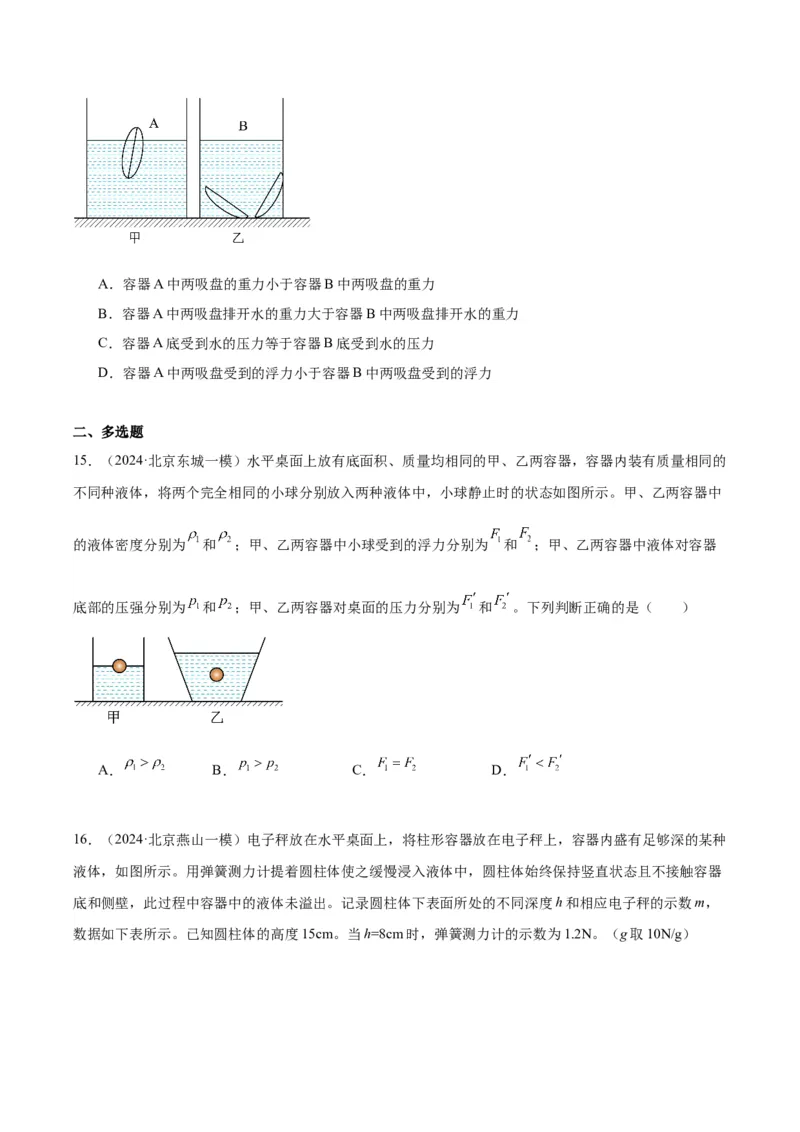 专题05浮力（学生版）_北京中考物理c_2026北京中考物理专用5年中考真题和1年模拟题分类汇编(2021-2025)_5年（2020-2024）中考物理真题分类汇编（北京专用）