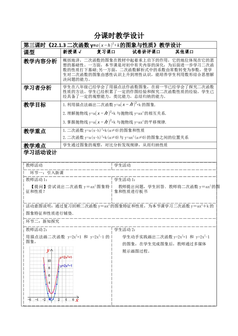 22.1.3二次函数y=a〖(x-h)〗^2+k的图象与性质_人教版数学九年级上册_版本二_九年级数学上册（人教版）_大单元教学课件+教学设计-U42_第二十二章二次函数