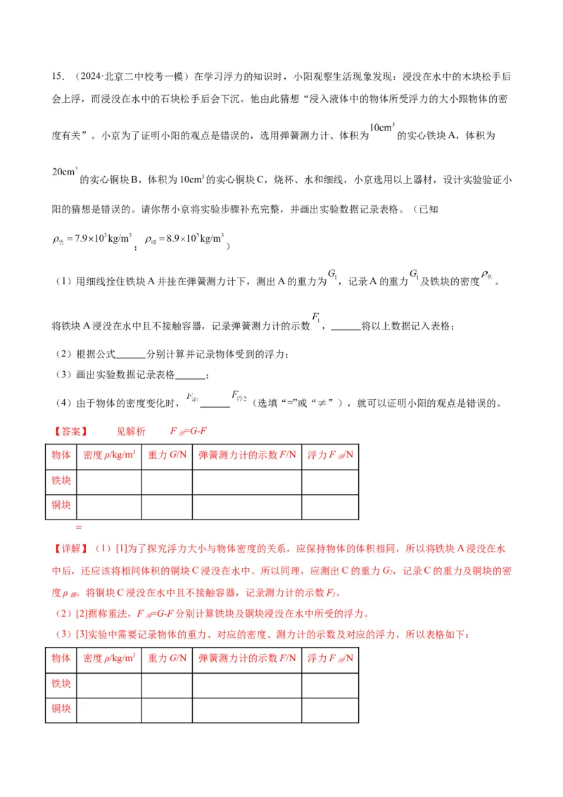 专题18压强、浮力实验（教师版）_北京中考物理c_2026北京中考物理专用5年中考真题和1年模拟题分类汇编(2021-2025)_5年（2020-2024）中考物理真题分类汇编（北京专用）