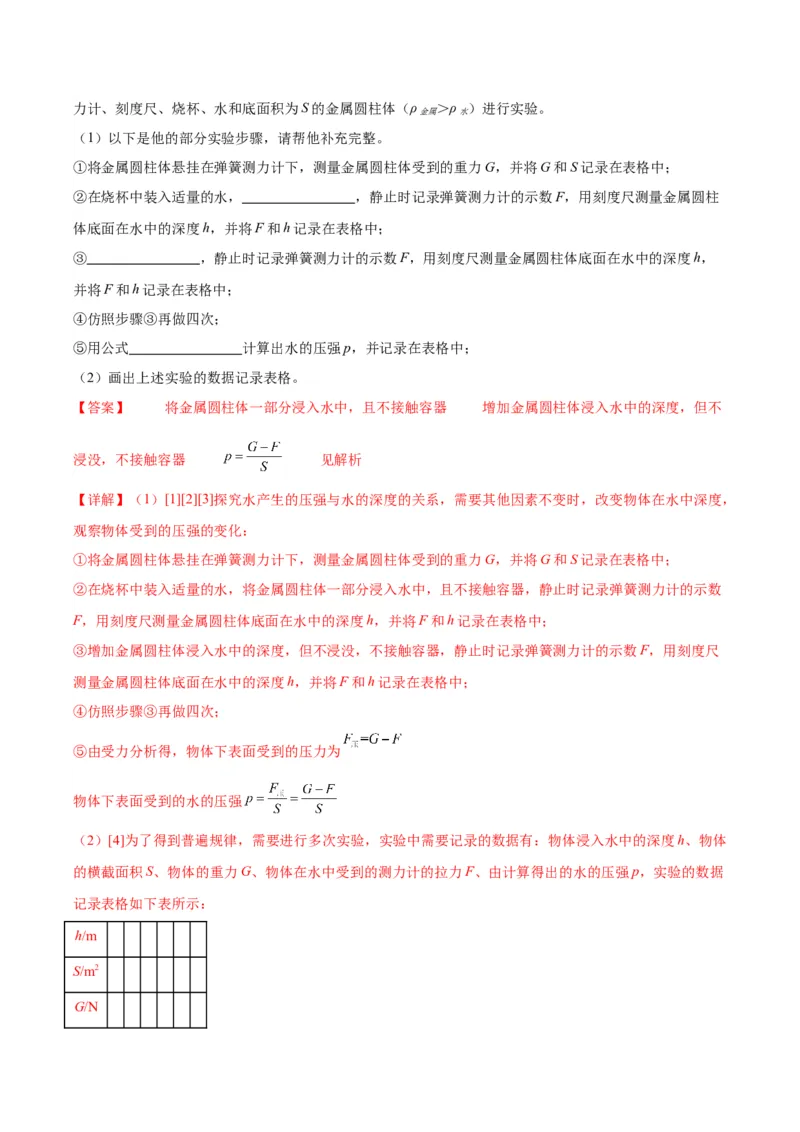 专题18压强、浮力实验（教师版）_北京中考物理c_2026北京中考物理专用5年中考真题和1年模拟题分类汇编(2021-2025)_5年（2020-2024）中考物理真题分类汇编（北京专用）