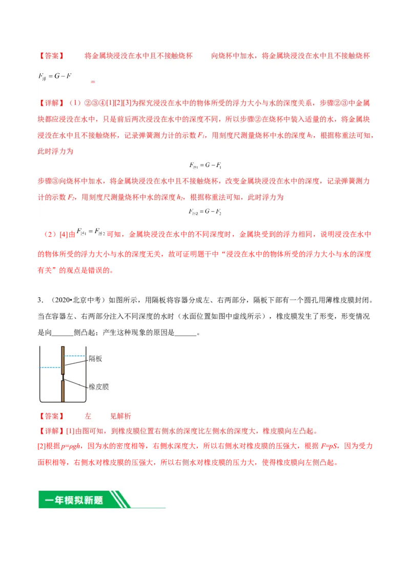 专题18压强、浮力实验（教师版）_北京中考物理c_2026北京中考物理专用5年中考真题和1年模拟题分类汇编(2021-2025)_5年（2020-2024）中考物理真题分类汇编（北京专用）
