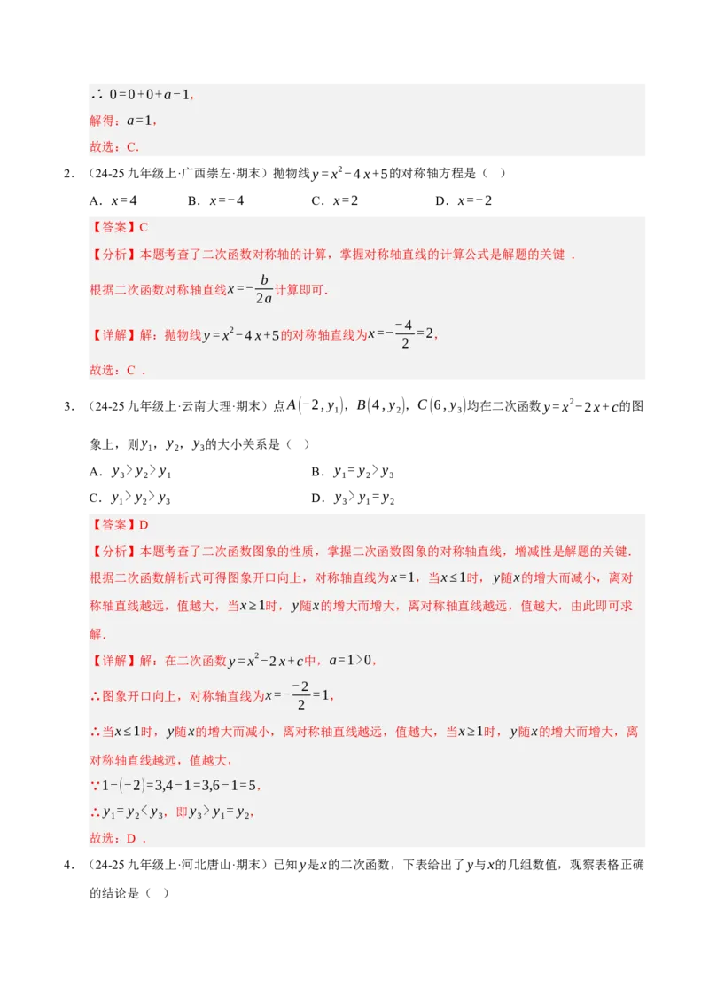 专题02二次函数（期末专项训练）（教师版）_人教版数学九年级上册_版本二_九年级数学上册（人教版）_期末专项复习-U276_期末总复习_2026版