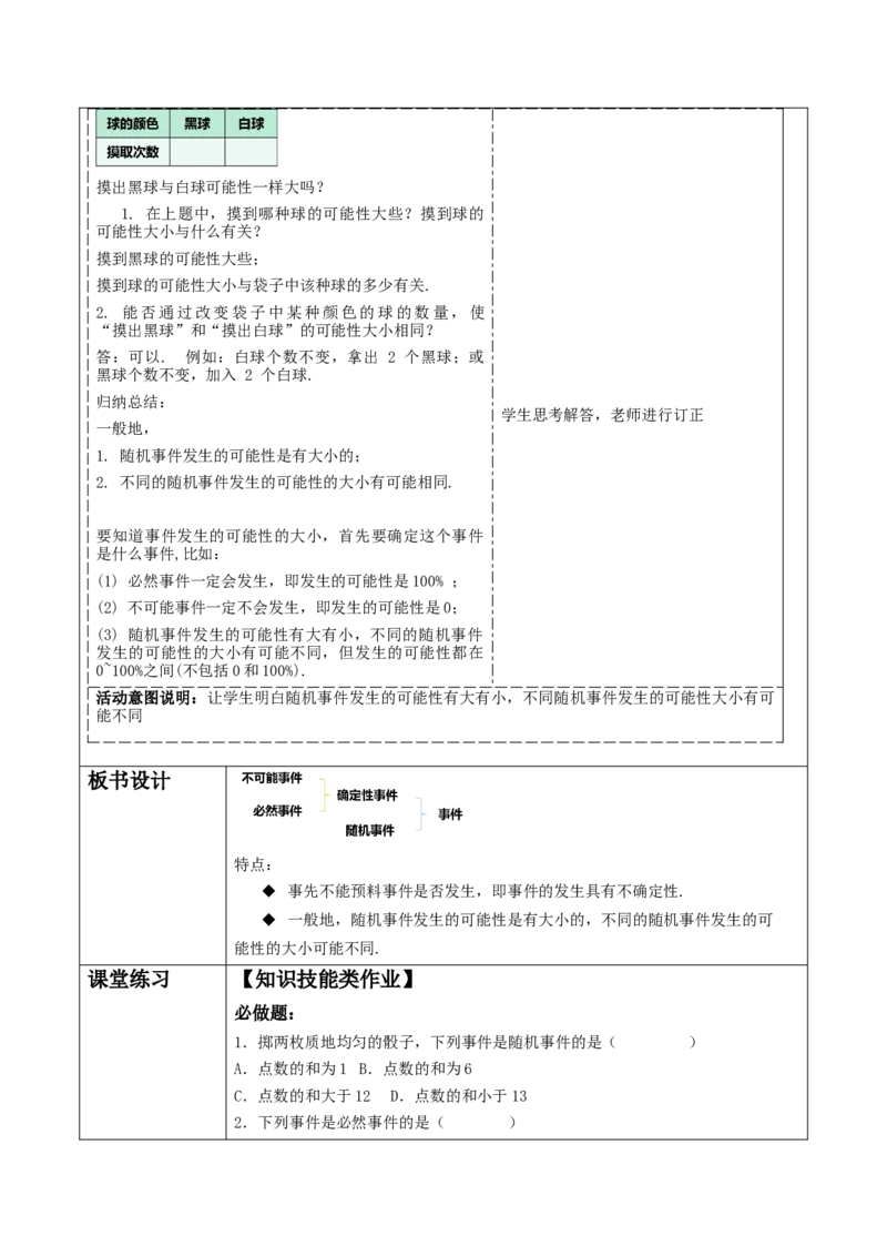 《25.1.1随机事件》教学设计_人教版数学九年级上册_版本二_九年级数学上册（人教版）_大单元教学课件+教学设计-U42_第二十五章概率初步