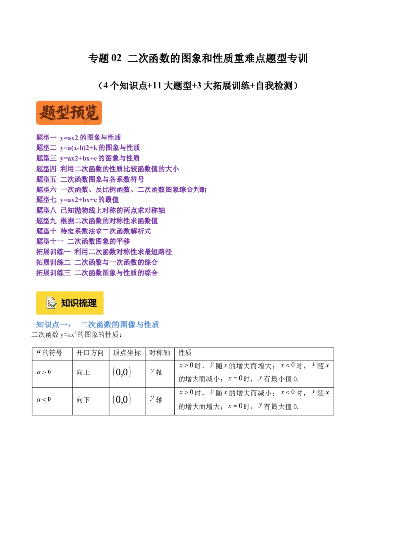 专题02二次函数的图象和性质重难点题型专训（4个知识点+11大题型+3大拓展训练+自我检测）（学生版）_人教版数学九年级上册_版本二_九年级数学上册（人教版）_重难点专题提升-V7_2026版
