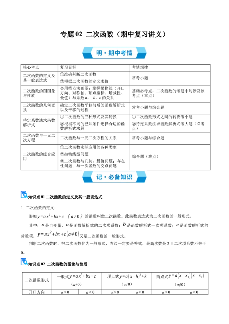 专题02二次函数（期中复习讲义）（学生版）_人教版数学九年级上册_版本二_九年级数学上册（人教版）_期末专项复习-U276_期中总复习
