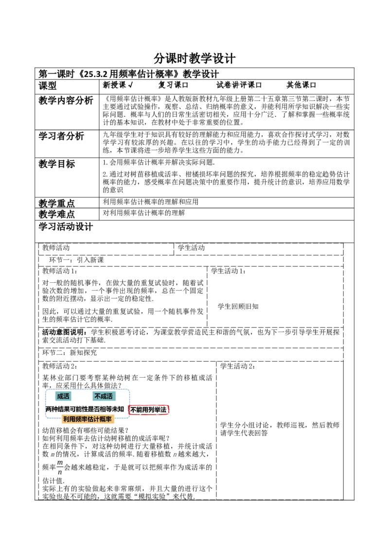 《25.3.2用频率估计概率》教学设计_人教版数学九年级上册_版本二_九年级数学上册（人教版）_大单元教学课件+教学设计-U42_第二十五章概率初步