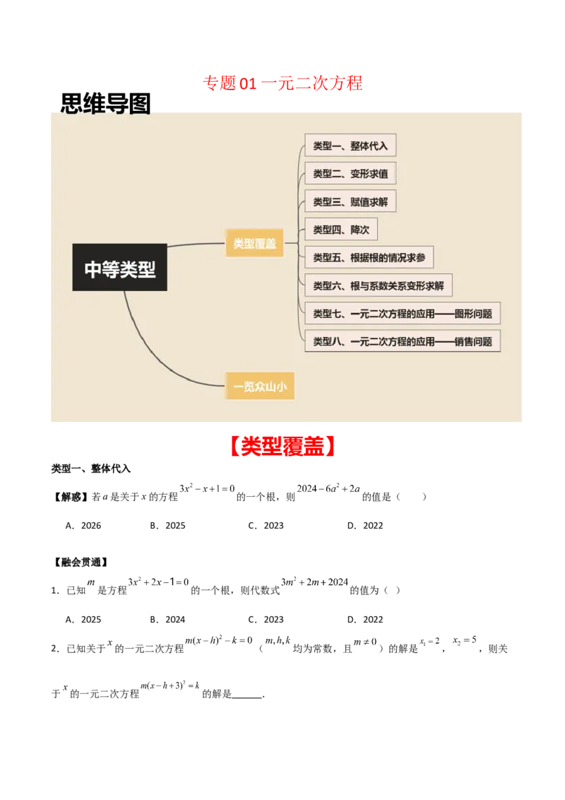 专题01一元二次方程（学生版）（中等类型）_人教版数学九年级上册_版本二_九年级数学上册（人教版）_基础中等题型过关专练-U343_2025版
