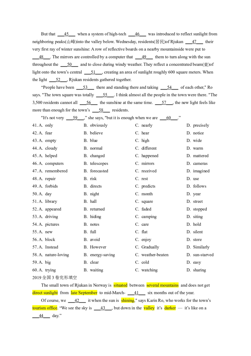 2019全国3卷完形填空_完形填空真题精练c