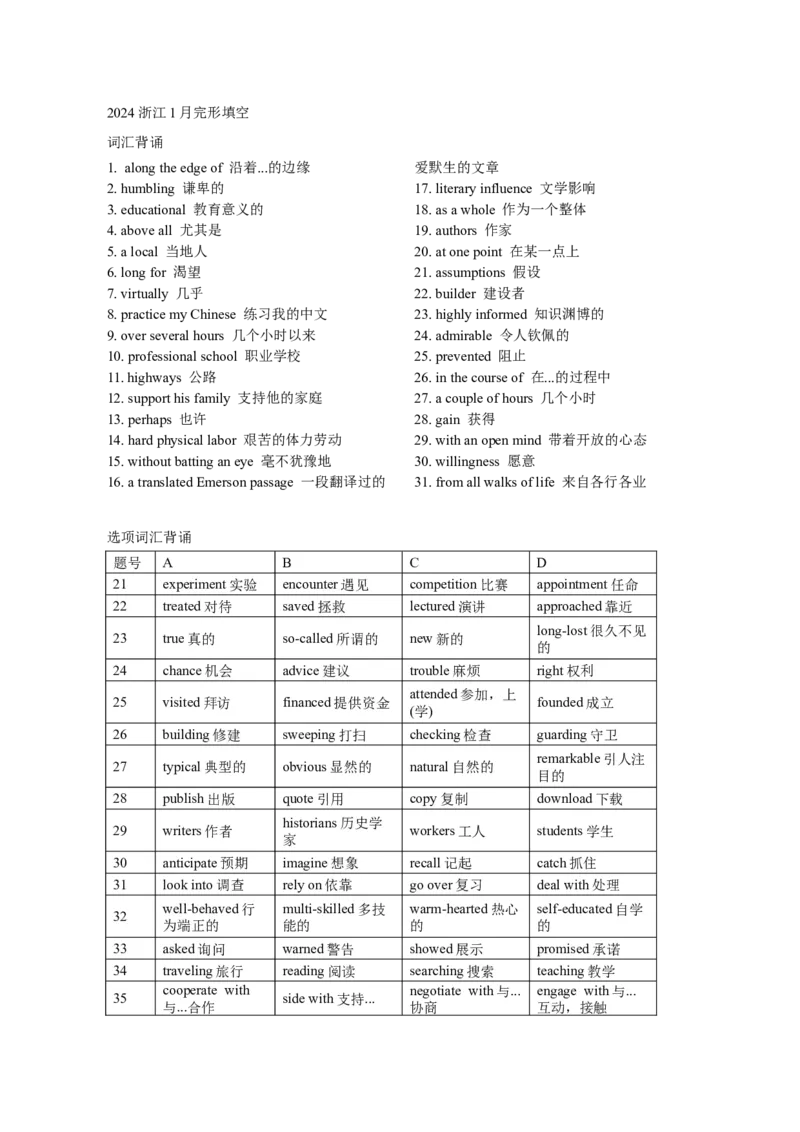 2024浙江1月完形填空_完形填空真题精练c