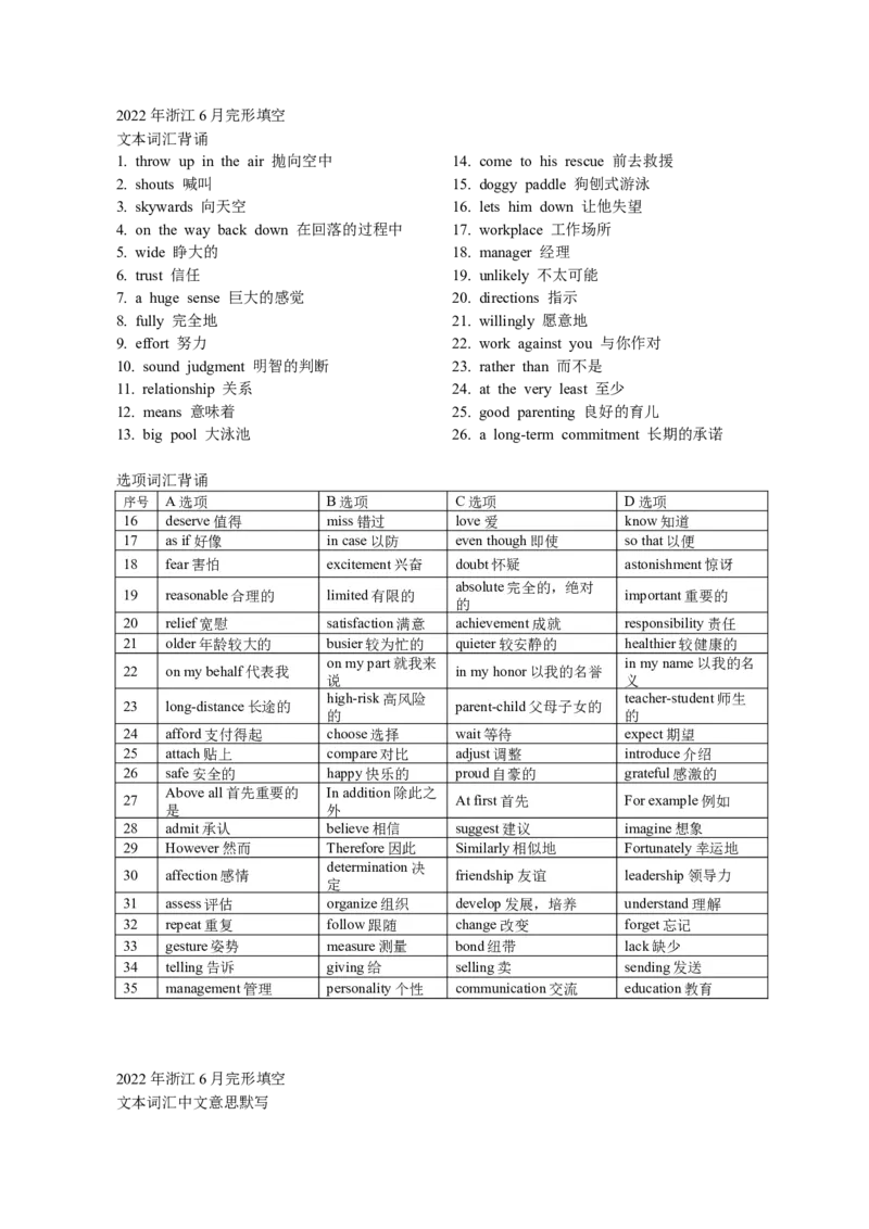 2022年浙江6月完形填空_完形填空真题精练c