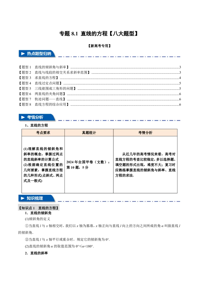 专题8.1直线的方程八大题型（原卷版）_高中三年全科资料_高中_高中1_2026版高考《举一反三》一轮复习专练（新高考数学专用）_2026版《举一反三》专题练系列（共189个题型）