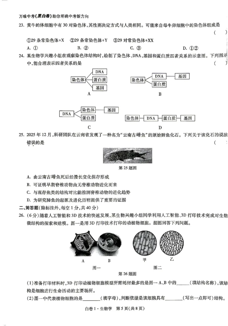 2026《万唯中考&bull;云南生地黑白卷》生物白卷_中考押题2026《中考押题》系列（9科全套实时更新中）_万唯2026版初中《万唯黑白卷》地生（云南）