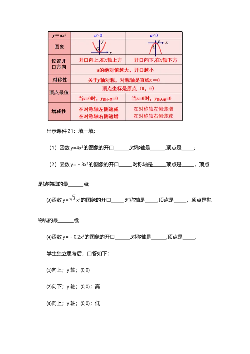 22.1.2二次函数y=ax&sup2;的图象和性质_人教版数学九年级上册_版本二_九年级数学上册（人教版）_教学设计_教案选择1_9上数教案选择1_第二十二章二次函数（教案）