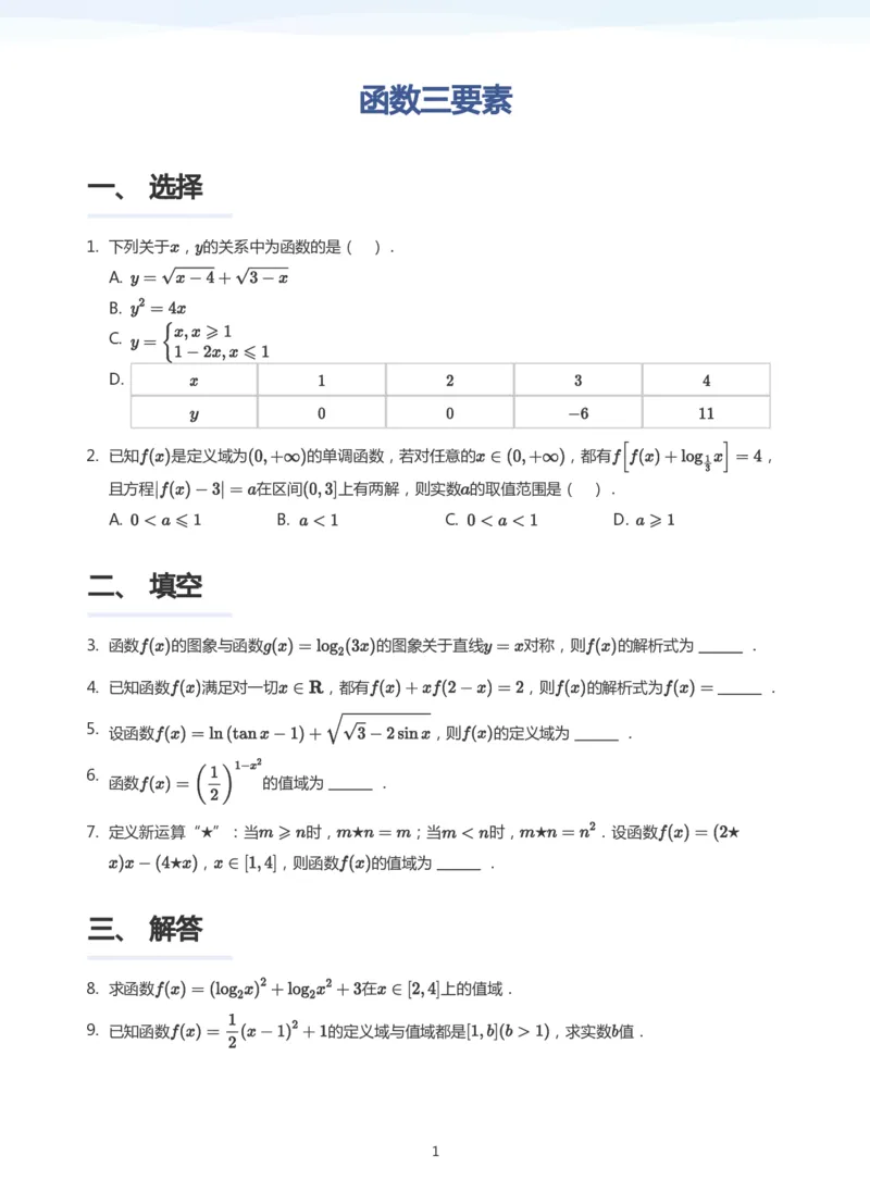 函数三要素题集(学生版)_高中三年全科资料_高中_学而思高中数学（暑假衔接）面授升高..高二.高三_学而思高中面授升高三暑假讲义+题集（小一轮）