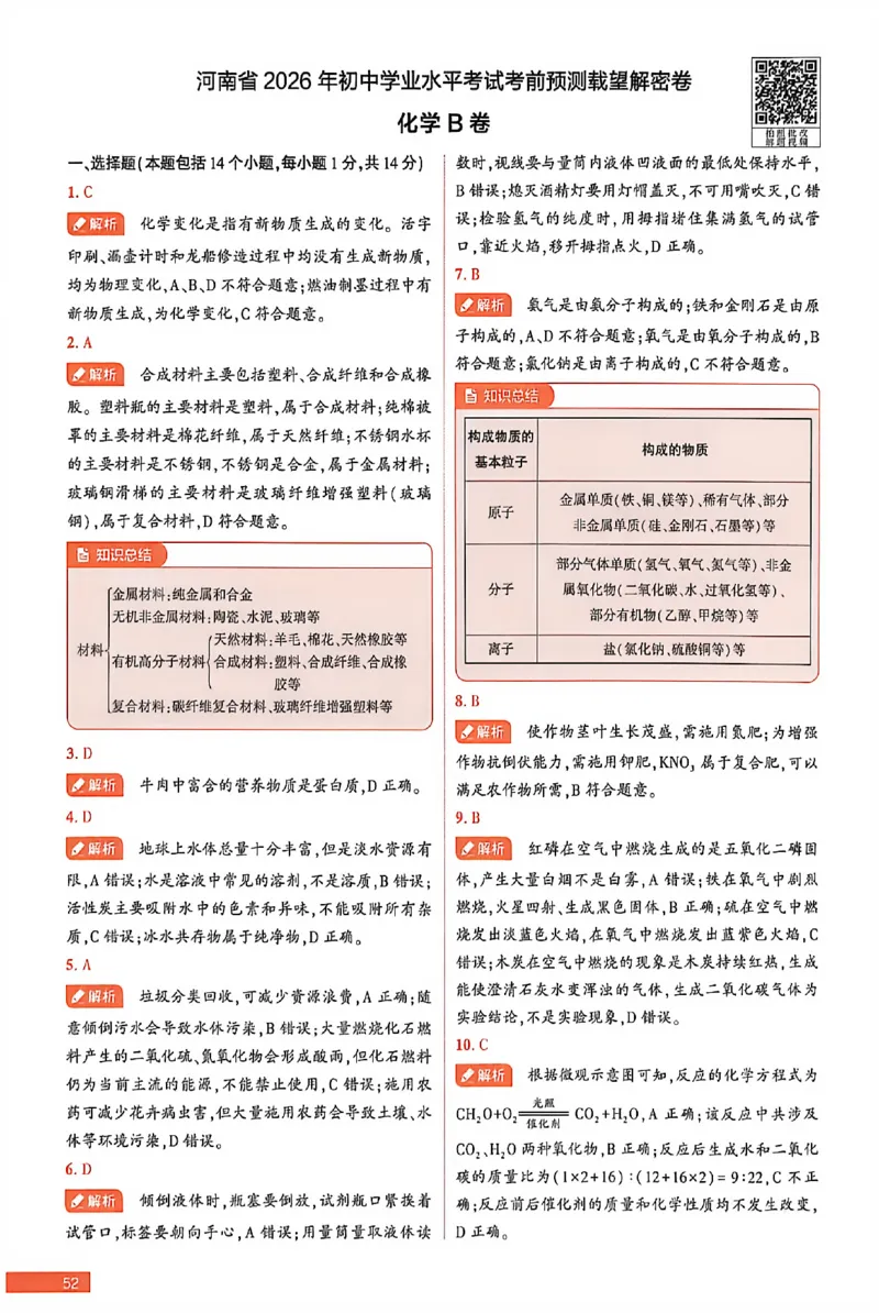 2026《河南中考&bull;载望预测解密卷》化学B卷答案_中考押题2026《中考押题》系列（9科全套实时更新中）_2026版中考《载望预测解密卷》语数物化道（河南）