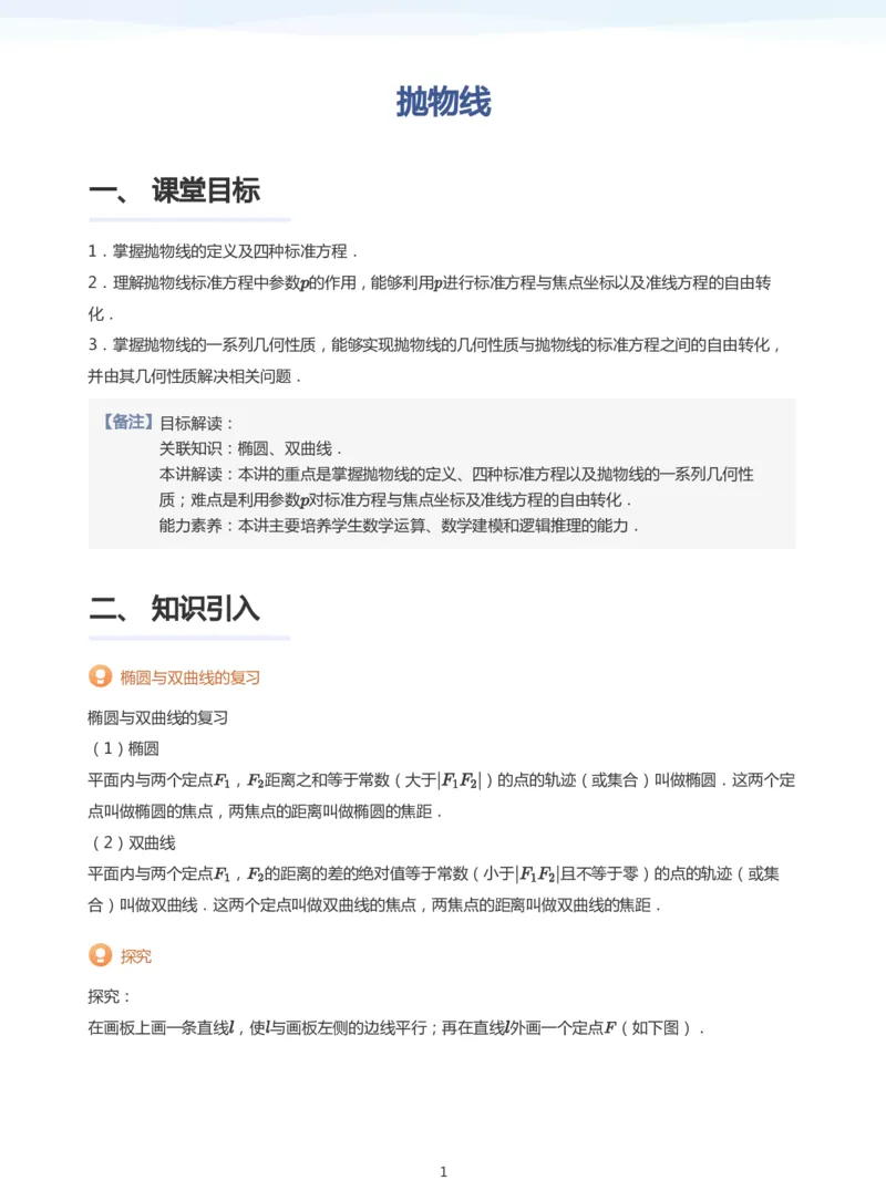 抛物线(教师版)_高中三年全科资料_高中_学而思高中数学（暑假衔接）面授升高..高二.高三_学而思面授班升高二暑期讲义+题集