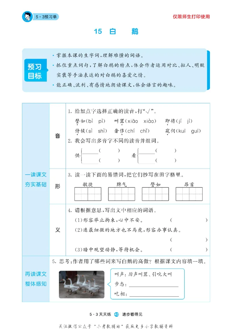 53预习单四年级下册语文部编版_26春53小学系列合集_1-6年级语文下册《53预习单》