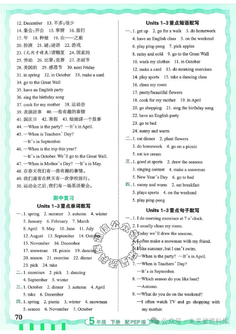 5下《王朝霞活页默写》英语人教版26春_2026春人教英语《王朝霞活页默写》