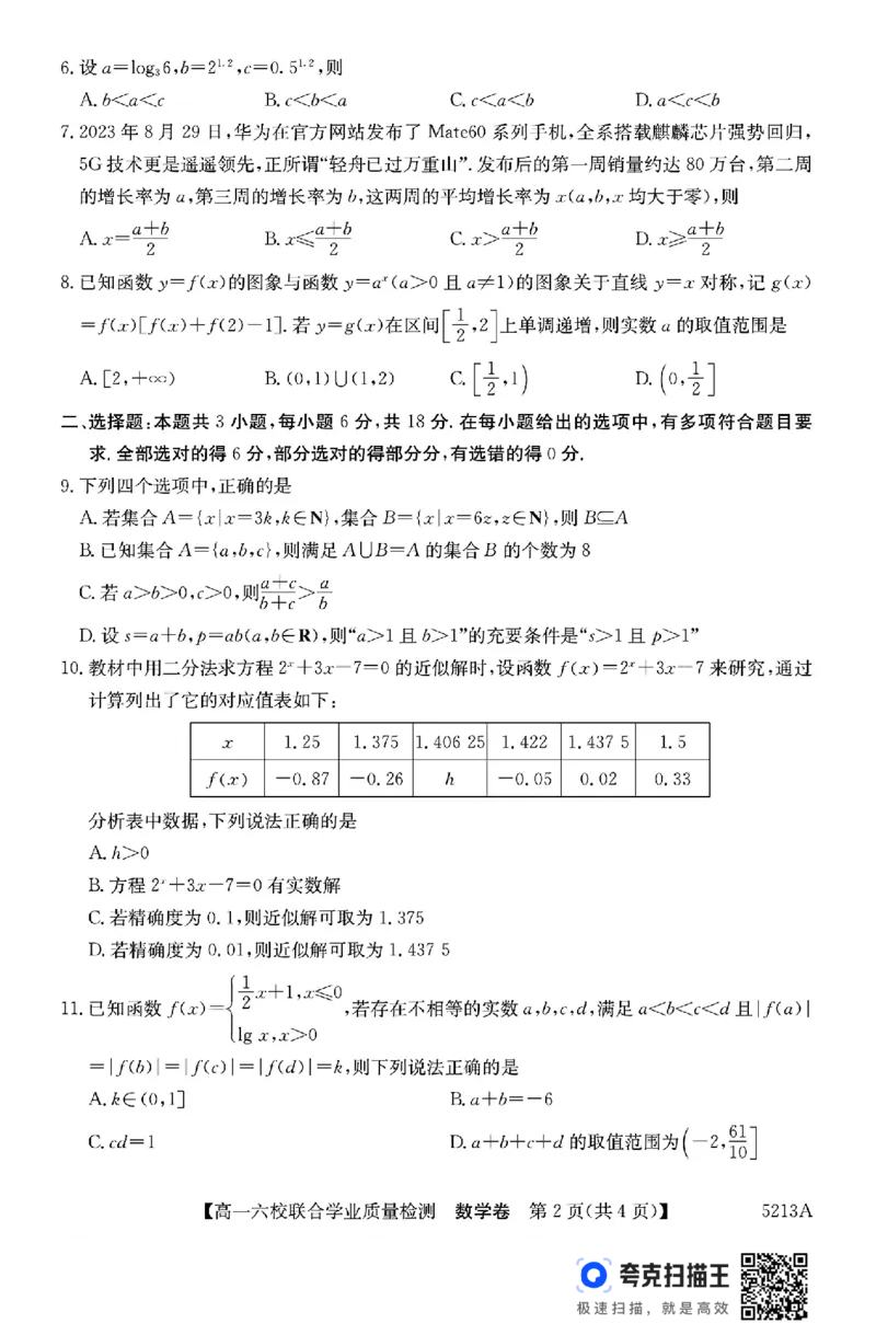 广东六校2024-2025学年度第一学期高一联合学业质量检测(1)_高中三年全科资料_高一数学考试试题