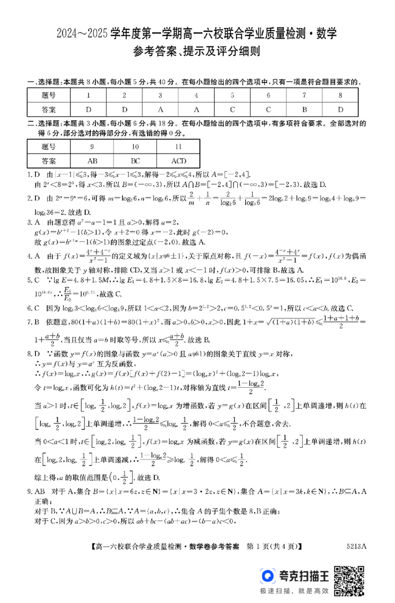 广东六校2024-2025学年度第一学期高一联合学业质量检测(1)_高中三年全科资料_高一数学考试试题