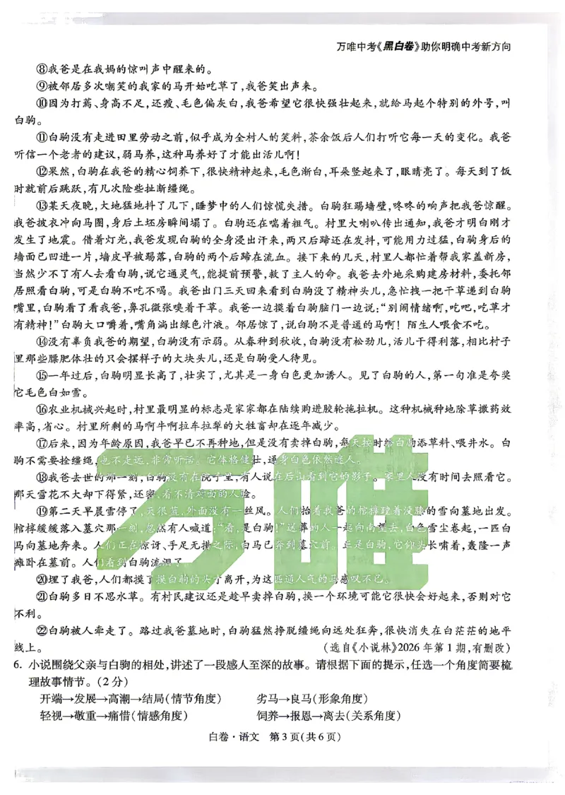 2026《万唯中考&bull;浙江黑白卷》语文白卷_中考押题2026《中考押题》系列（9科全套实时更新中）_万唯2026版初中《万唯黑白卷》7科全套（浙江）