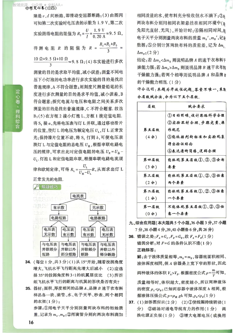 2026《万唯中考&bull;山西定心卷》物理答案_2026中考押题卷合集_2026《万唯中考定心卷》各地方版_2026《万唯中考&bull;山西定心卷》7科