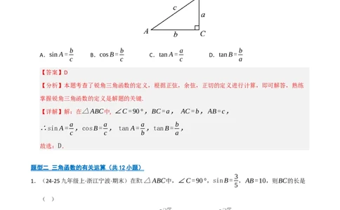 专题08锐角三角形函数（期末复习专项训练）（解析版）_人教版数学九年级上册_版本二_九年级数学上册（人教版）_期末专项复习-U276_期末总复习_2026版