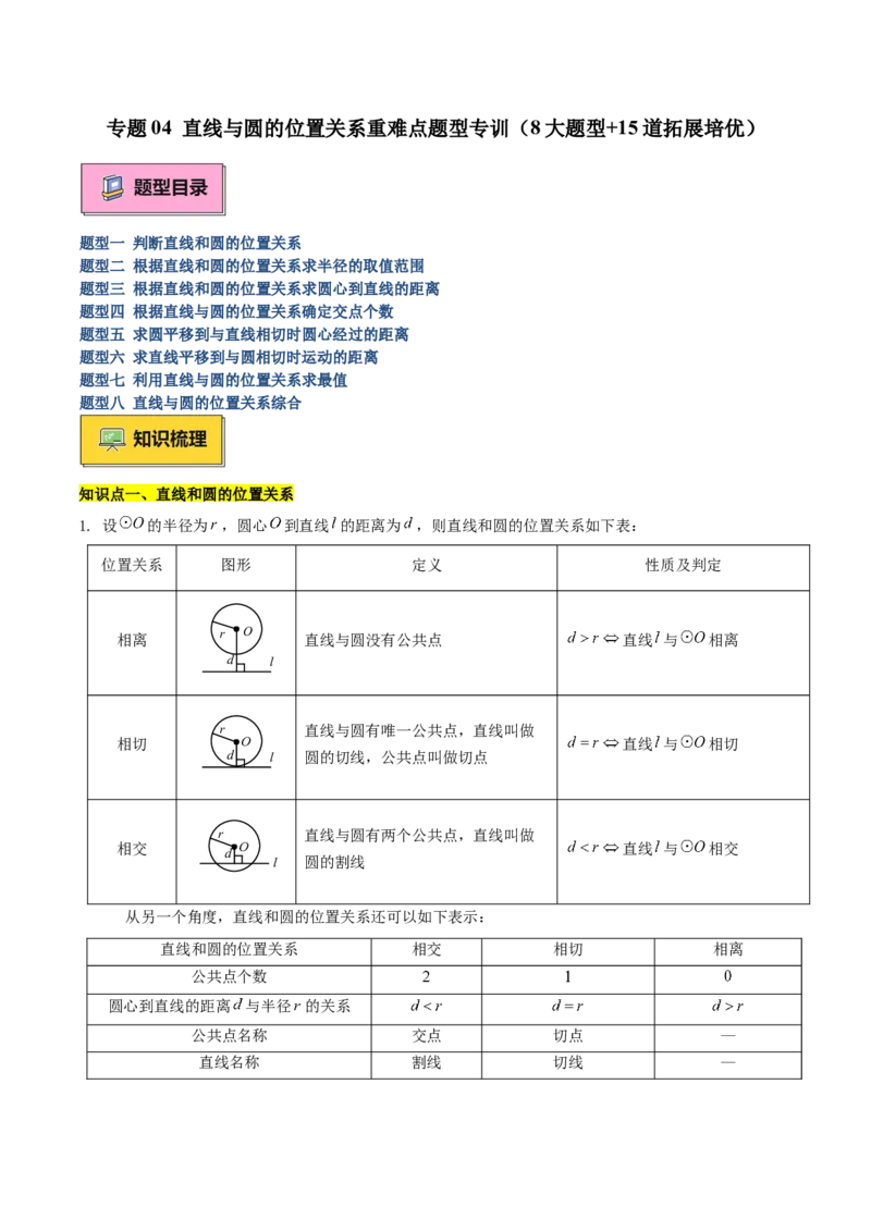 专题04直线与圆的位置关系重难点题型专训（8大题型+15道拓展培优）（教师版）_人教版数学九年级上册_版本二_九年级数学上册（人教版）_重难点专题提升-V7_2025版
