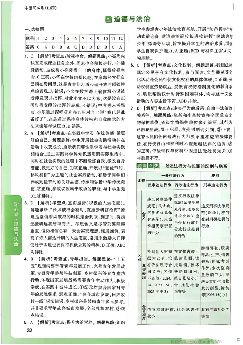 2026《万唯中考&bull;山西定心卷》道法答案_2026中考押题卷合集_2026《万唯中考定心卷》各地方版_2026《万唯中考&bull;山西定心卷》7科