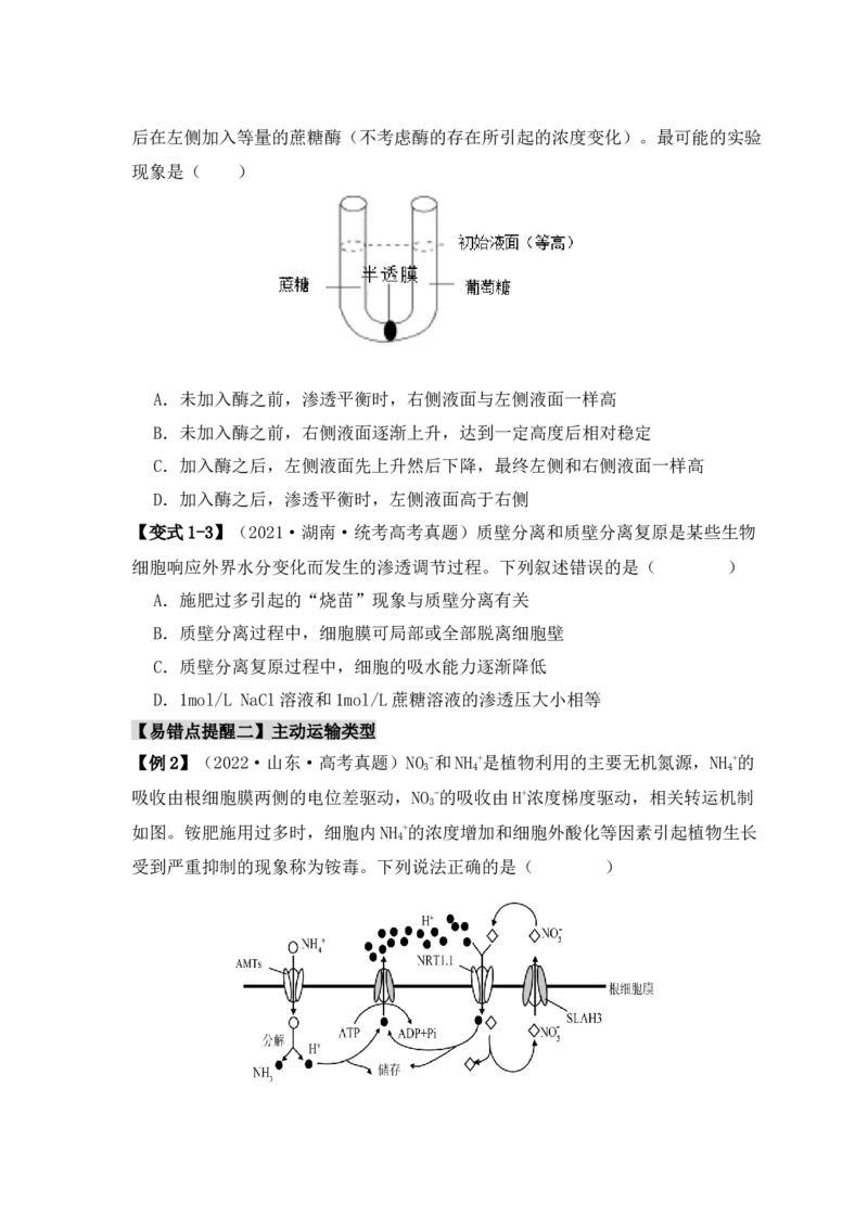 易错点03渗透作用和主动运输的深度解读（原卷版）_高中三年全科资料_高中_15高中全科《高考易错题》2025版_高考生物备战2025年高考易错题（新高考专用）