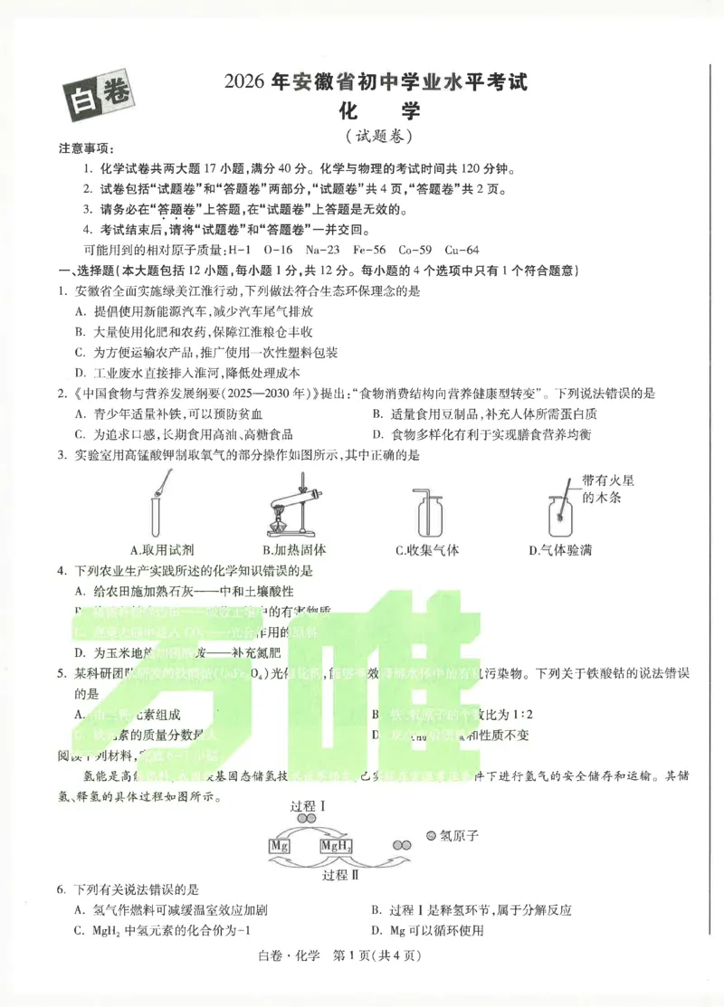 2026《万唯中考&bull;安徽黑白卷》化学白卷_2026中考押题卷合集_2026《万唯中考黑白卷》地方版_2026《万唯中考&bull;安徽黑白卷》7科_2026《万唯中考&bull;安徽黑白卷》化学