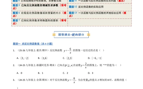 专题06反比例函数的图象与性质（期末复习专项训练，13大题型）（原卷版）_人教版数学九年级上册_版本二_九年级数学上册（人教版）_期末专项复习-U276_期末总复习_2026版