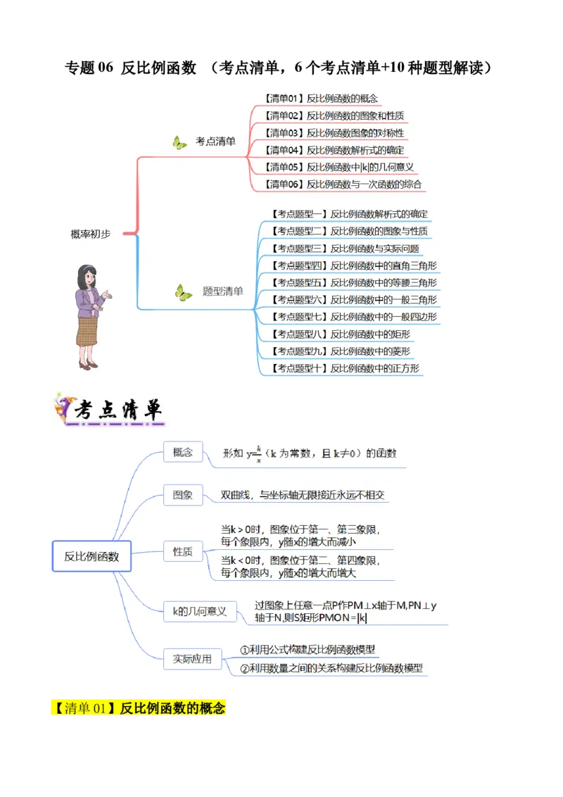 专题06反比例函数（考点清单，6个考点清单+10种题型解读）学生版_人教版数学九年级上册_版本二_九年级数学上册（人教版）_期末专项复习-U276_期末总复习_2025版