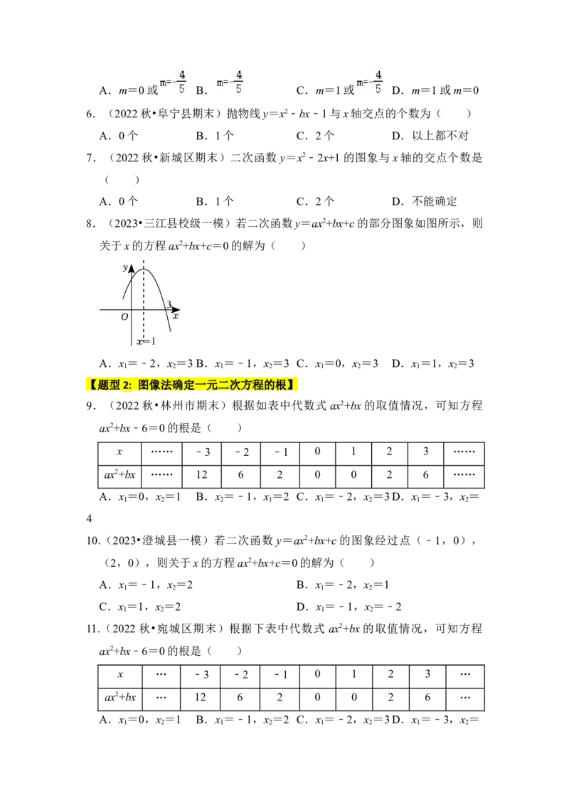 专题07二次函数与一元二次方程（五大类型）（题型专练）（学生版）_人教版数学九年级上册_版本二_九年级数学上册（人教版）_知识解读与题型专练-V14_2024版