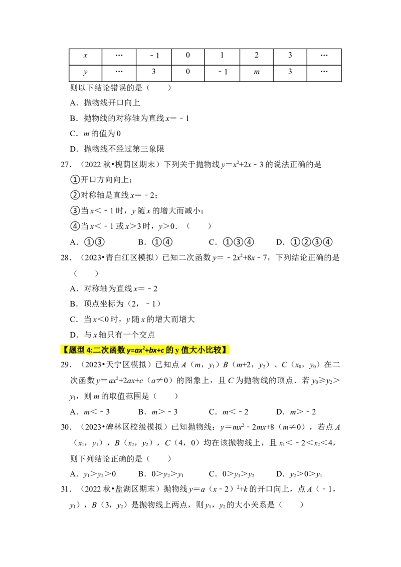 专题06二次函数y=ax2+bx+c的图象和性质（七大类型）（题型专练）（学生版）_人教版数学九年级上册_版本二_九年级数学上册（人教版）_知识解读与题型专练-V14_2024版