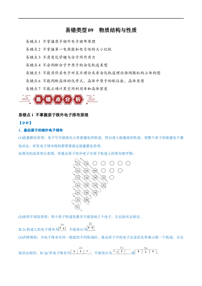 易错类型09物质结构与性质（7大易错点）（解析版）_高中三年全科资料_高中_15高中全科《高考易错题》2025版_高考化学备战2025年高考易错题（新全国通用）_教师版（含答案解析）