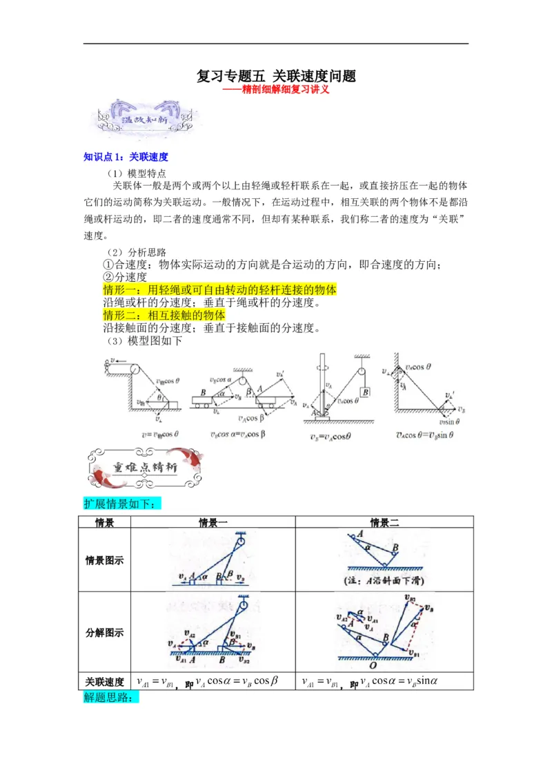 第05讲复习专题五关联速度问题（教师版）-新高二暑假精品课（人教版）_高中三年全科资料_高中_高中1_2025秋新高二《暑假衔接讲义》（语数外理化）电子版