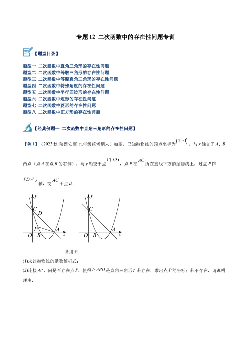专题12二次函数中的存在性问题专训（学生版）_人教版数学九年级上册_版本二_九年级数学上册（人教版）_重难点专题提升-V7_2024版
