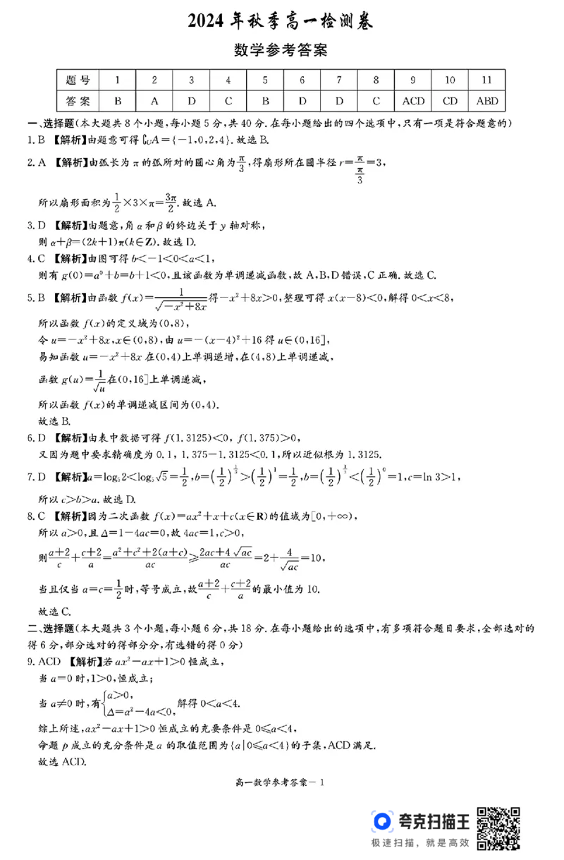 湖南省长郡十八校联盟2024年秋季高一12月检测卷_高中三年全科资料_高一数学考试试题