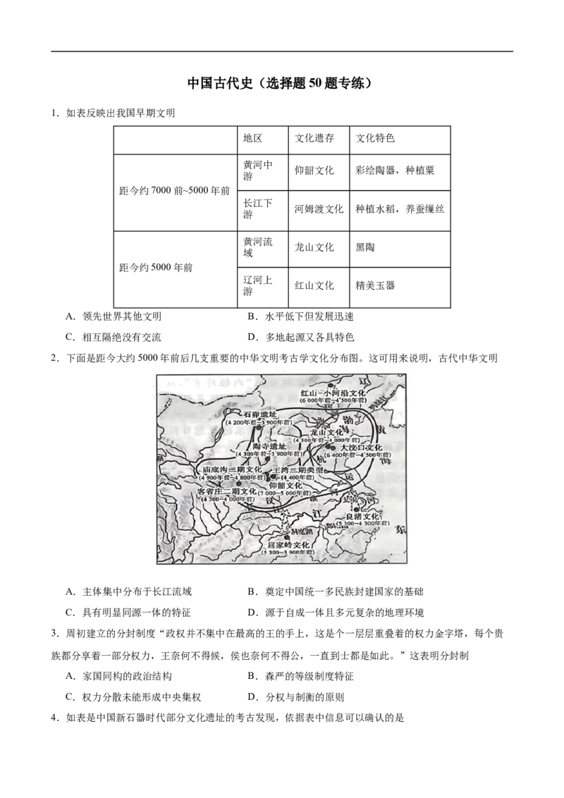 消灭易错《中国古代史》选择题50题专练（原卷版）_高中三年全科资料_高中_15高中全科《高考易错题》2025版_高考历史备战2025年高考易错题（新高考专用）_消灭易错专练