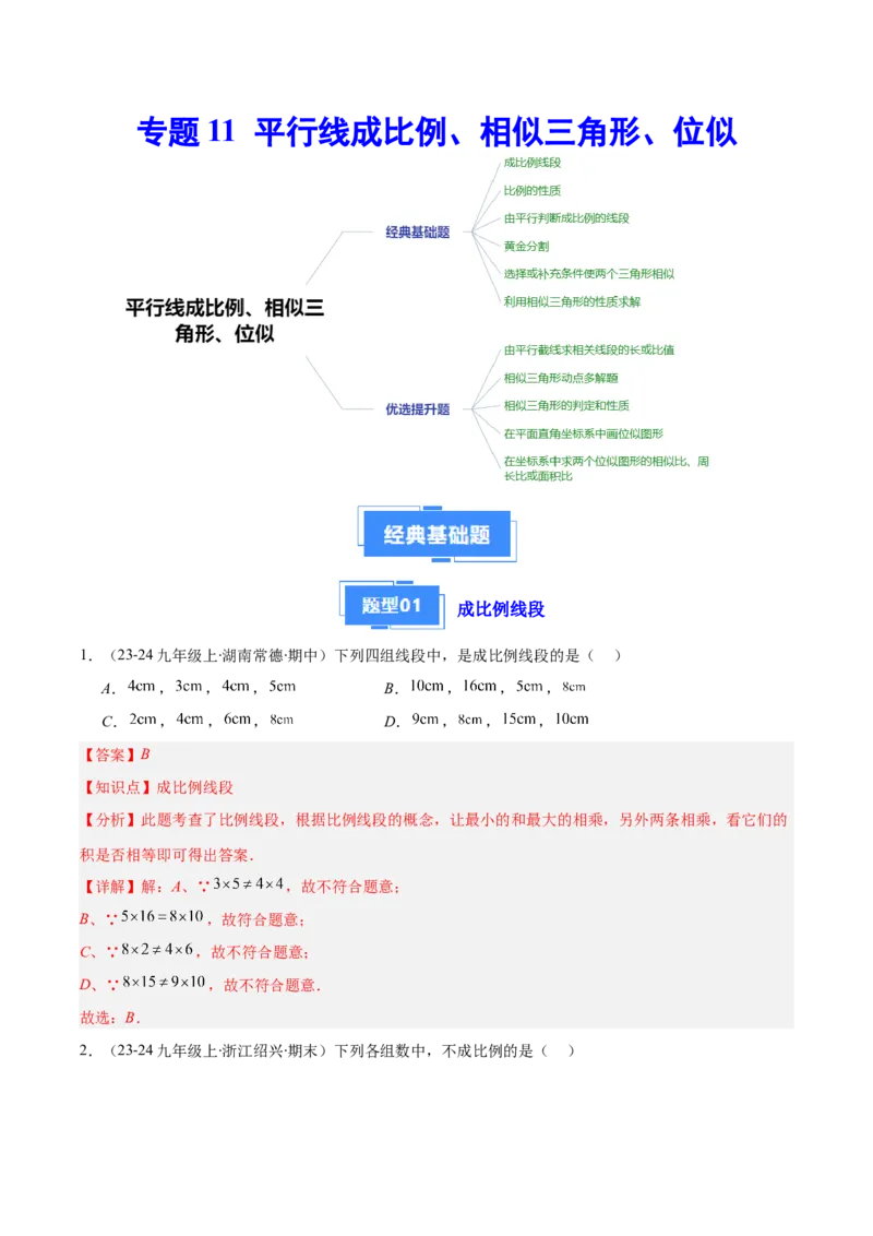 专题11平行线成比例、相似三角形、位似（6大基础题+5大提升题）（解析版）_人教版数学九年级上册_版本二_九年级数学上册（人教版）_专项复习